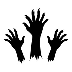 Fototapeta premium Three black silhouetted monster hands with sharp claws reaching upwards