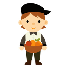 Cute cartoon boy wearing a black cap holding a basket of fresh fruit