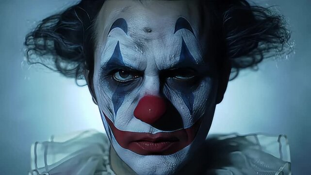 Clown with makeup and serious expression under dramatic lighting  
