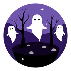 Three friendly white ghosts float among spooky bare trees on a dark purple night