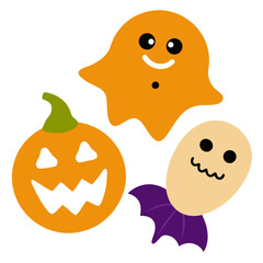 Cute cartoon halloween characters including a pumpkin ghost and bat on a white background