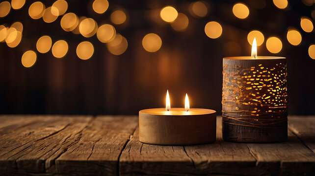 A high-resolution night-time product display scene with a beautifully blurred bokeh background featuring warm lights in soft golden and amber tones. In the foreground, place a rustic vintage wooden  - Powered by Adobe