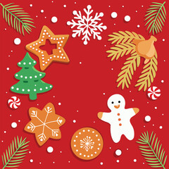 Red Christmas gingerbread background. Xmas design with winter cookies, fir branches, snowflakes and snow. Empty space for your text. Template for cards, banner, poster.
