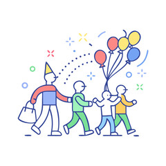 Fototapeta premium Joyful parade of people with balloons and party hat