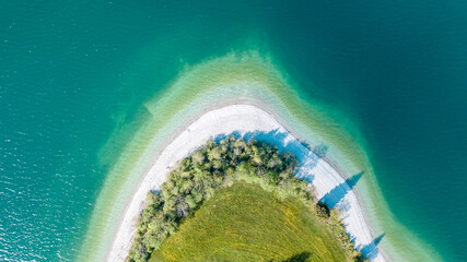 Aerial view over Walchensee, beautiful Alpine lake in Bayern, Germany.