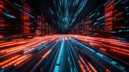 A vibrant cityscape with colorful light trails, neon-lit skyscrapers, and a dynamic sense of motion