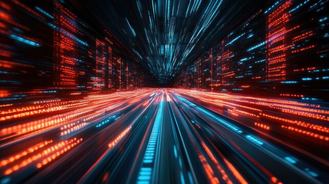 A vibrant cityscape with colorful light trails, neon-lit skyscrapers, and a dynamic sense of motion