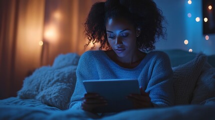 Naklejka premium Businesswoman sitting on her bed using a digital tablet, staying productive while balancing work and personal life, Generative AI