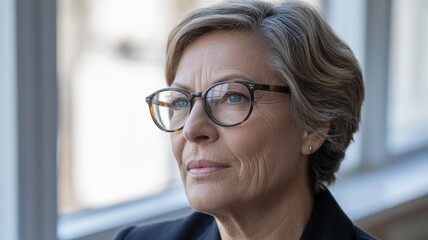 Elderly caucasian woman with glasses looking pensive by window