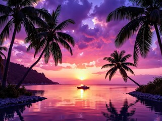 Paddleboat at Sunset by Palm Trees under Pink & Purple Sky