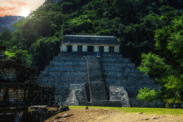 View of the Temple of Inscriptions in the ancient Mayan city of Palenque, Chiapas, Mexico