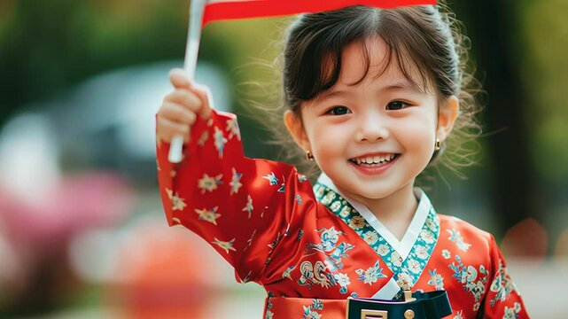 Joyful korean child in traditional hanbok holding national flag outdoors