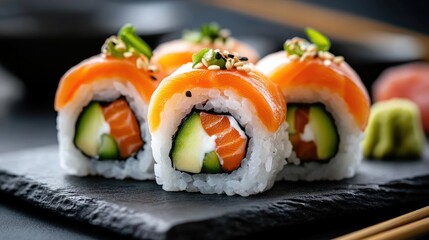 Soy enhances the taste of avocado and salmon sushi rolls, balancing flavors.