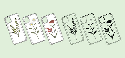 Stylish smartphone cases displaying diverse floral illustrations in various colors and minimalist line art for trendy tech accessories