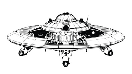 WWII Era UFO Technical Illustration in Stipple Ink Style. Fictional Flying Saucer Blueprint Drawing. Retro Military Sci-Fi Engraving © revpy
