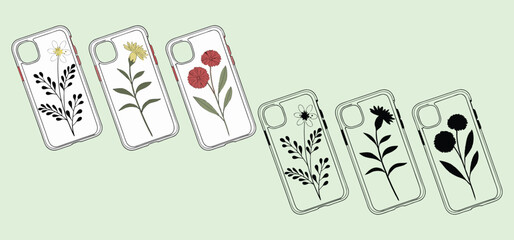 Floral phone case designs showcasing various flower illustrations with a minimalist and stylish artistic concept.