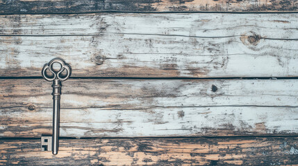 Vintage wooden surface with a silver key, symbolizing home and security, minimal and elegant