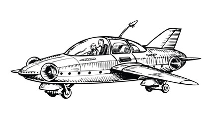 Flying Car Technical Illustration in Stipple Ink Style. Black and White Drawing of a Retro-Futuristic Vehicle. Classic Sci-Fi Manual Engraving