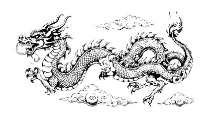 Chinese Dragon Illustration in Stipple Ink Style. Black and White Vector Drawing of an East Asian Mythical Creature. Vintage Engraving