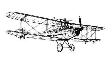 WWI Biplane Technical Illustration in Stipple Ink Style. Black and White Drawing of a Vintage Aircraft. Retro Aviation Manual Engraving © revpy