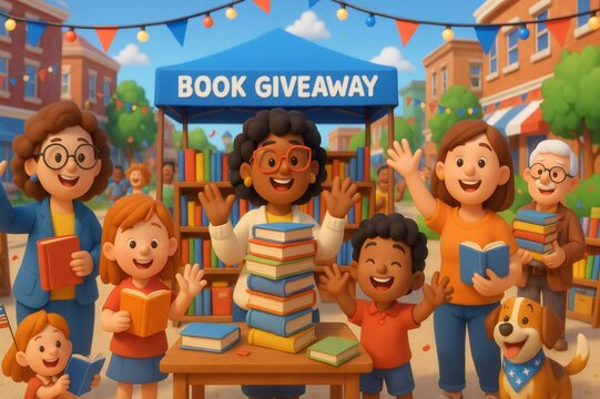 Happy people celebrating book giveaway at a local street market