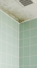 Mildew stains on bathroom ceiling in green tile corner  