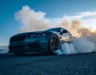 low angle car with tire smoke