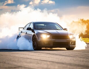 grey car drifting at sunset