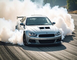 grey car burnout with large tire smoke clouds