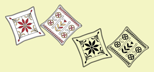 Decorative hand drawn cushions with floral and geometric patterns arranged on a soft yellow background.