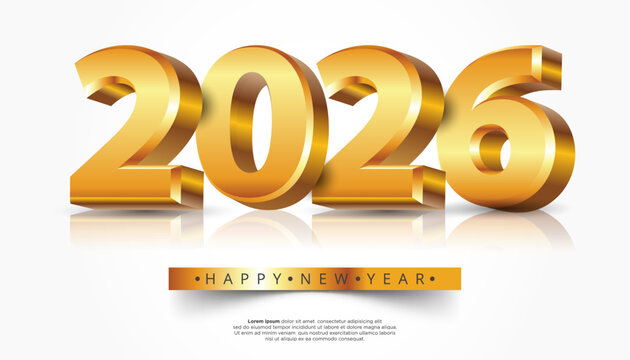 Golden 2026 with Happy New Year text celebratory greeting on white reflective surface