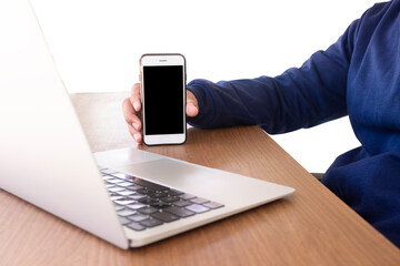 a hand gesture showing a blank black phone screen with a transparent white background