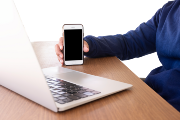 a hand gesture showing a blank black phone screen with a transparent white background
