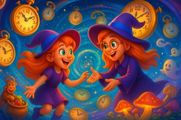 Two happy witches shaking hands surrounded by clocks and ghosts in a fantasy time travel illustration