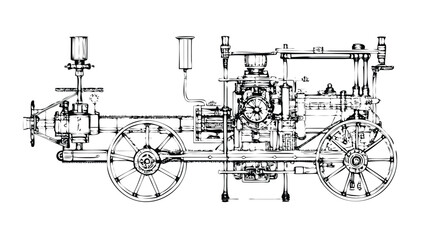 Steam Engine Technical Illustration in Stipple Ink Style. Black and White Drawing of an Old Industrial Machine. Retro Mechanical Manual Engraving © revpy