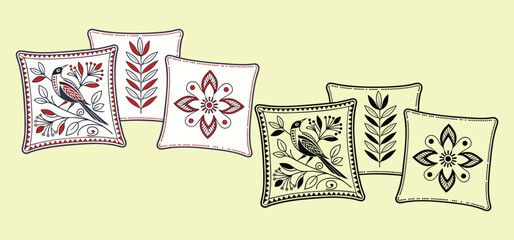 Decorative pillows featuring folk art designs showcasing bird and floral patterns with botanical elements for interior design