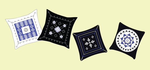 Decorative cushions with geometric patterns in contrasting colors offering a stylish and artistic representation for design projects