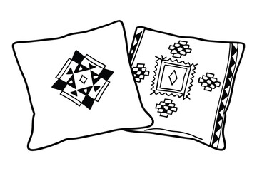 Two decorative cushions with geometric patterns drawn in a minimalist black and white hand drawn style