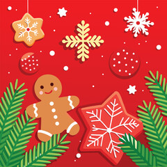 Red Christmas gingerbread background. Xmas design with winter cookies, fir branches, snowflakes and snow. Empty space for your text. Template for cards, banner, poster.
