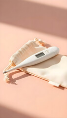 Thermometer placed on beige cloth pouch on table with pink background  