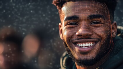 Headshot of a football player with digital computerized lines overlaying and diagramming his face