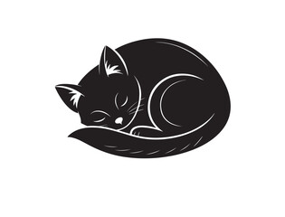 Black silhouette of a curled-up sleeping cat in simple line-free form, peaceful and minimal vector animal design, isolated on white background in clean flat PNG format for graphic use