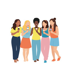 Obraz premium vector of a group of young multiethnic women joking and drinking ice cream