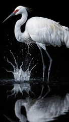 A white crane with red markings on its head, standing in water, creating ripples and reflections against a dark background. AI generated.
