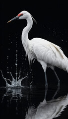 A white crane with red markings on its head, standing in water, creating ripples and reflections against a dark background. AI generated.