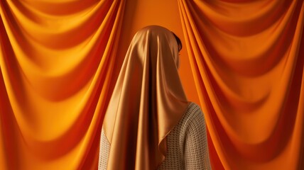 Female in hijab against elegant draped gold fabric background