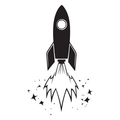 Realistic Flying rocket black and white drawing silhouette vector art design 