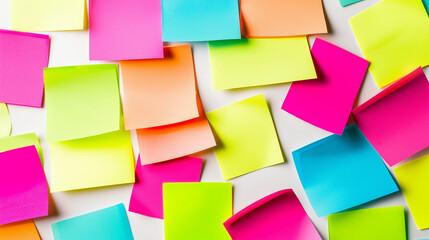 Colorful sticky notes in a neat grid, soft pastel tones on white. Minimalist workspace organization and creative planning.