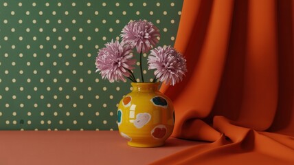Vibrant yellow vase with pink flowers on polka dot and orange fabric backdrop