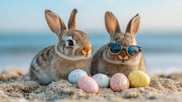 Two cute bunnies on sandy beach with colorful easter eggs and sunglasses. Easter, Pascha, Paskha, Ostern, Pascua, Paques - Orthodox and Catholic Holiday celebration - Powered by Adobe